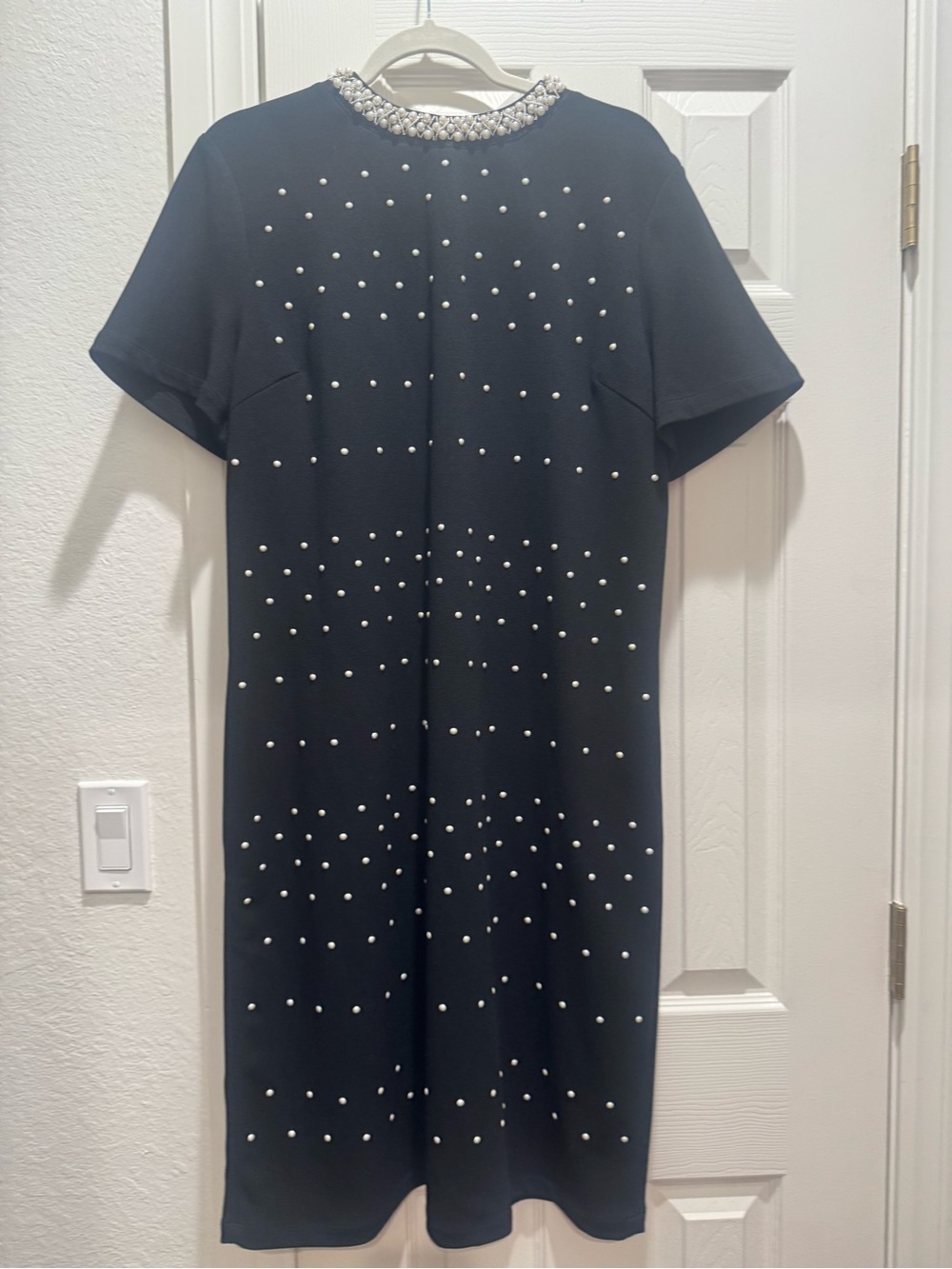Ming Wang Black Pearl-Embellished Midi Shift Dress